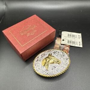 Crumrine Quarter Horse Gold Tone & Silver Plate USA Belt Buckle New w/ Box